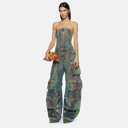 Retro washed denim jumpsuit