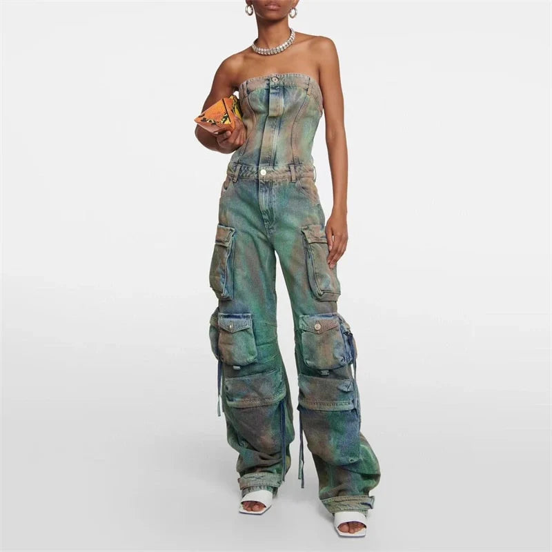 Retro washed denim jumpsuit