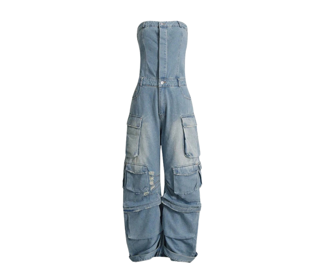 Retro washed denim jumpsuit